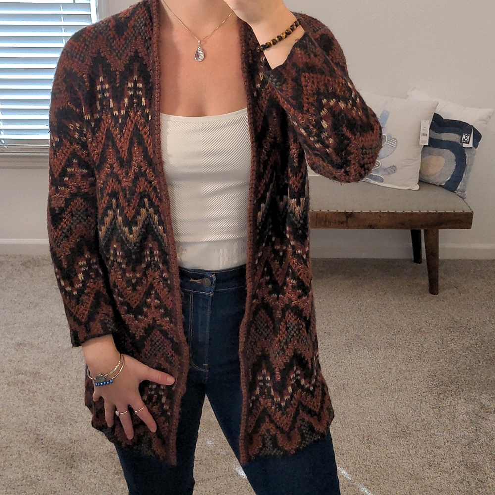 Lucky Brand small s cardigan chevron brown black orange tan pattern used woven